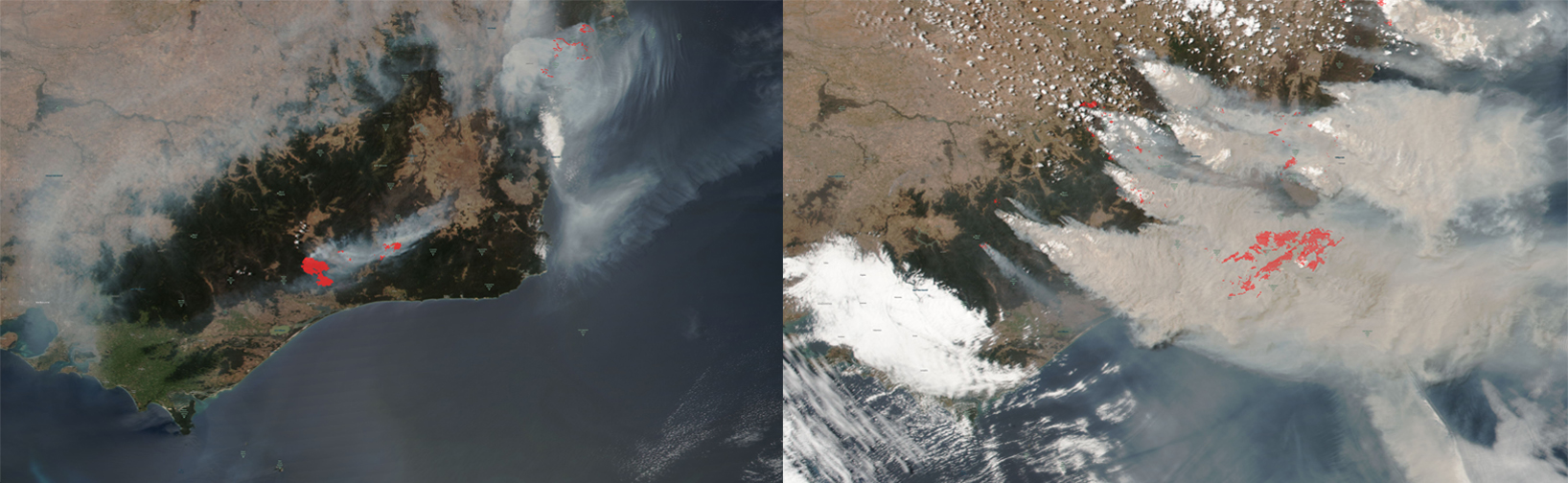 The right-hand photo is very dramatic, and shows large banks of smoke clouds spreading out across the Tasman Sea.