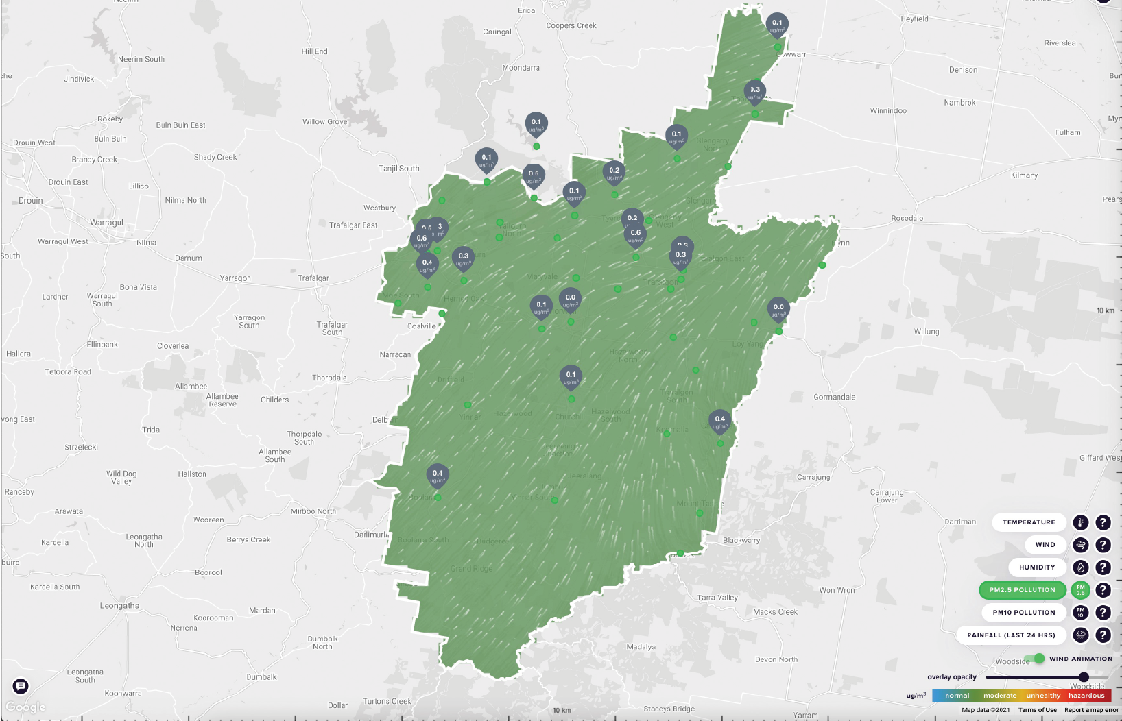 A map showing the positions of the sensors and their readings; sensors are more common in the northern half of the map.