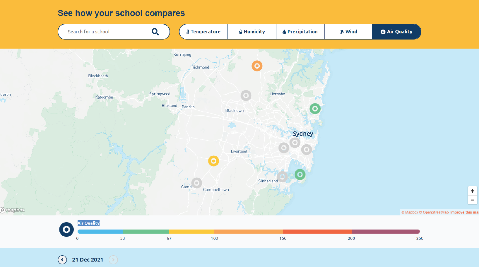 An example of the portal – a map, a colour key or indicate air quality, and some buttons to switch between temperature, humidity and other parameters.