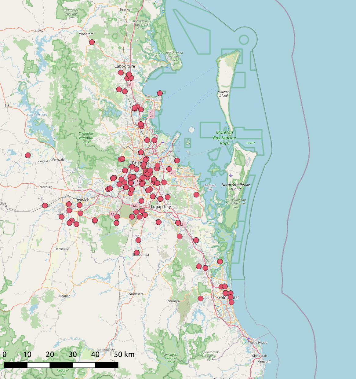 Map showing that the hail stones were reported from Caboolture down to the Gold Coast and inland to Ipswich.